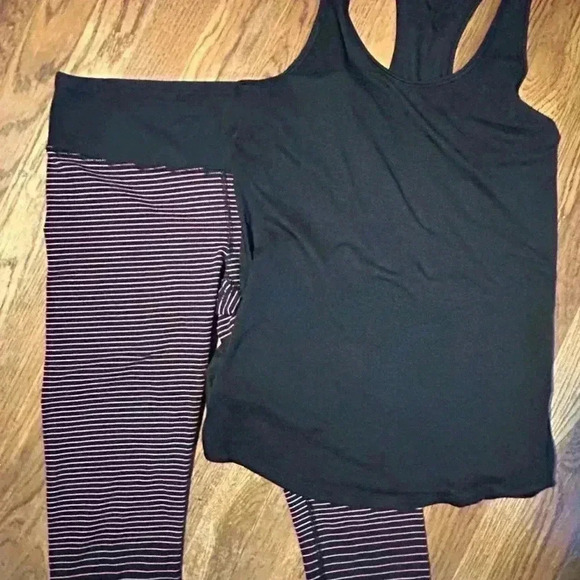 Lucy Black Razor Back Tank and Pink Striped Capri Leggings Workout Outfit, Sz Sm - Picture 1 of 5